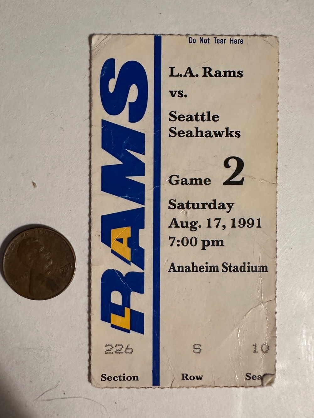 Vintage 91 Official LA RAMS vs Seattle Seahawks Ticket Stub Anaheim Stadium
